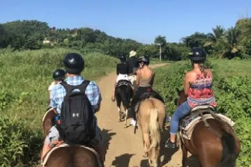 a group of people riding on the back of a horse