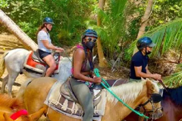 a group of people riding on the back of a horse