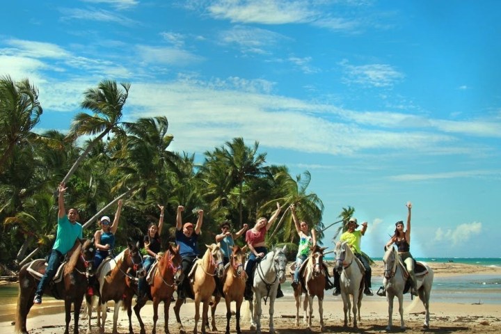 a group of people riding a horse on a beach