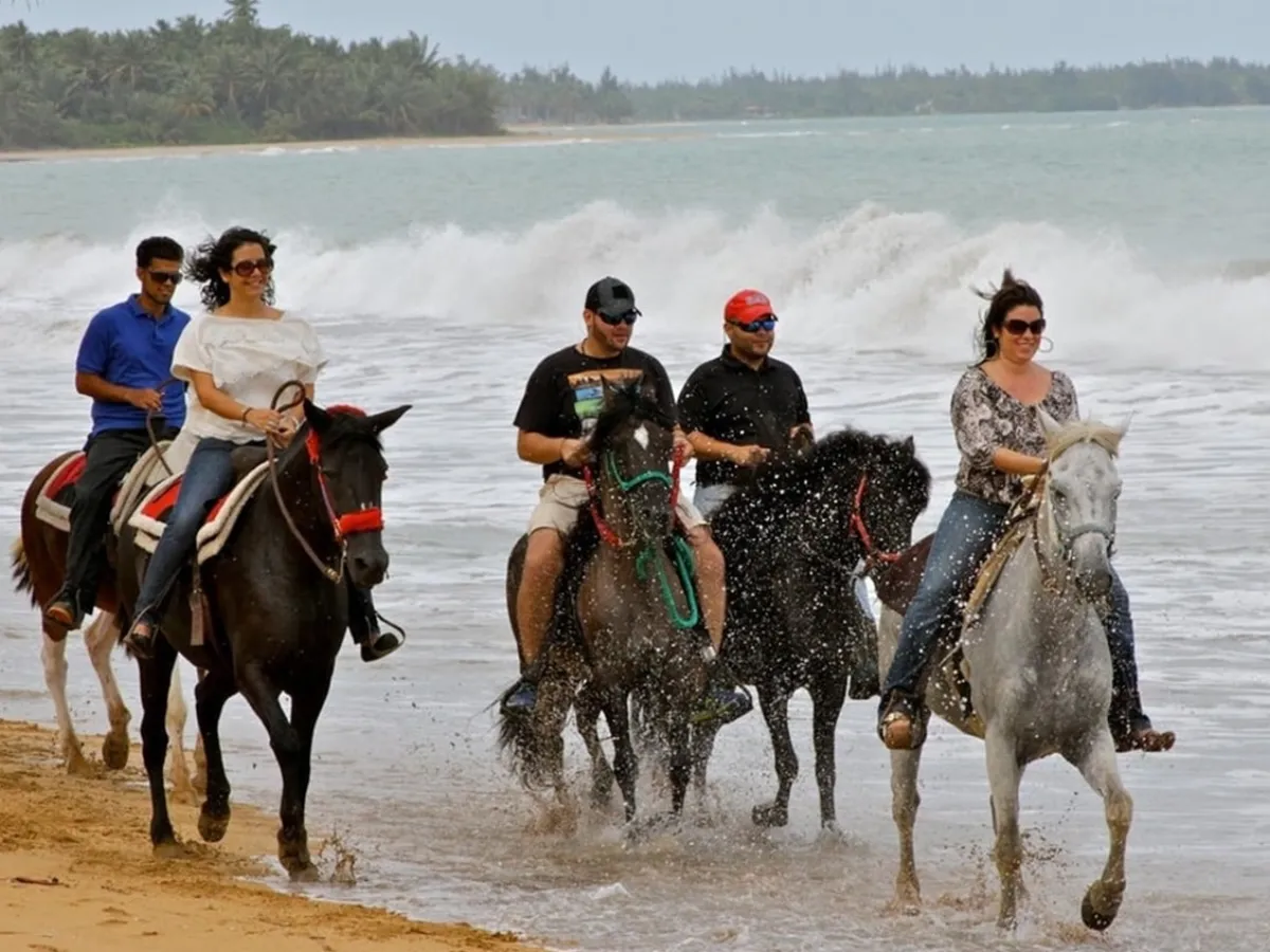 Five people horseback riding on a beach, waves in the background.