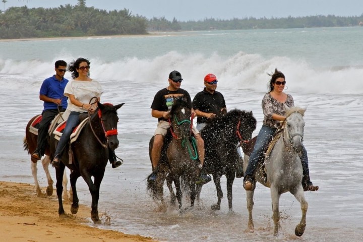 Five people horseback riding on a beach, waves in the background.