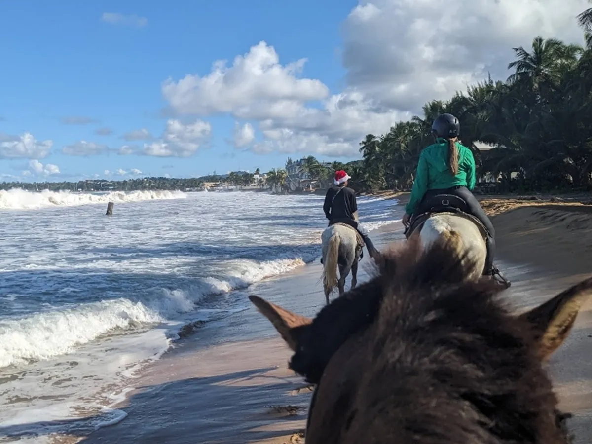 Two people horseback riding on a beach near the ocean under a blue sky with clouds.