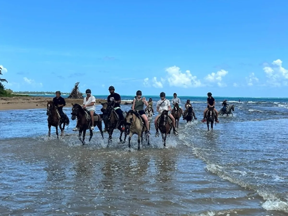 Group of people horseback riding along a sandy beach with waves, under a clear blue sky.