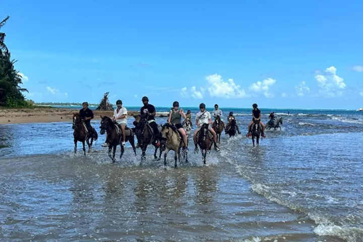 Group of people horseback riding along a sandy beach with waves, under a clear blue sky.
