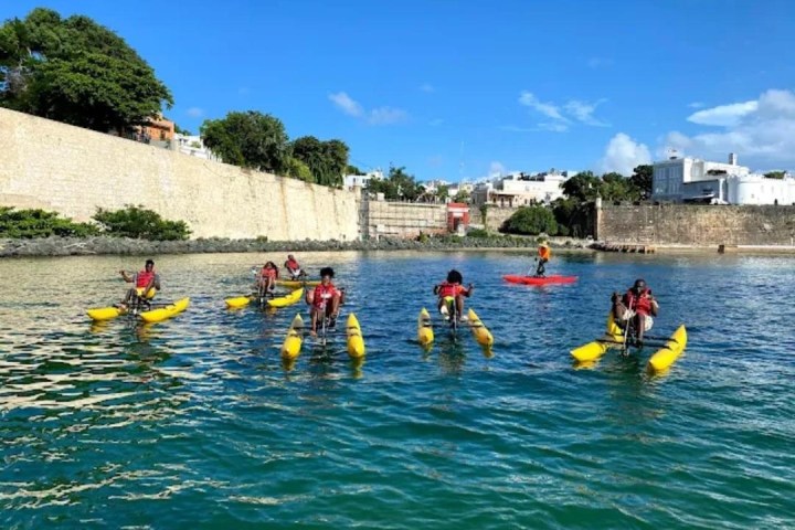 a group of people riding skis on a body of water