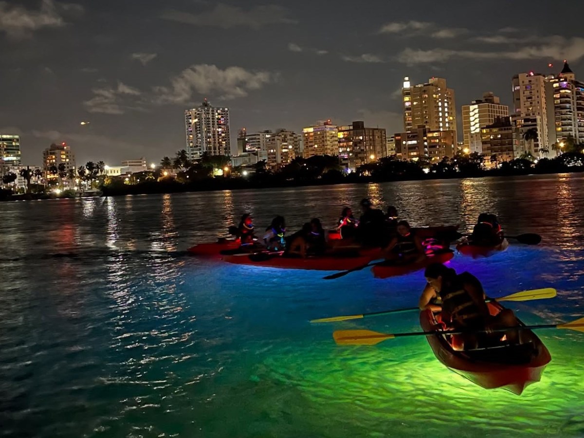 Kayakers with glowing lights paddle at night near a city skyline reflected in the water.