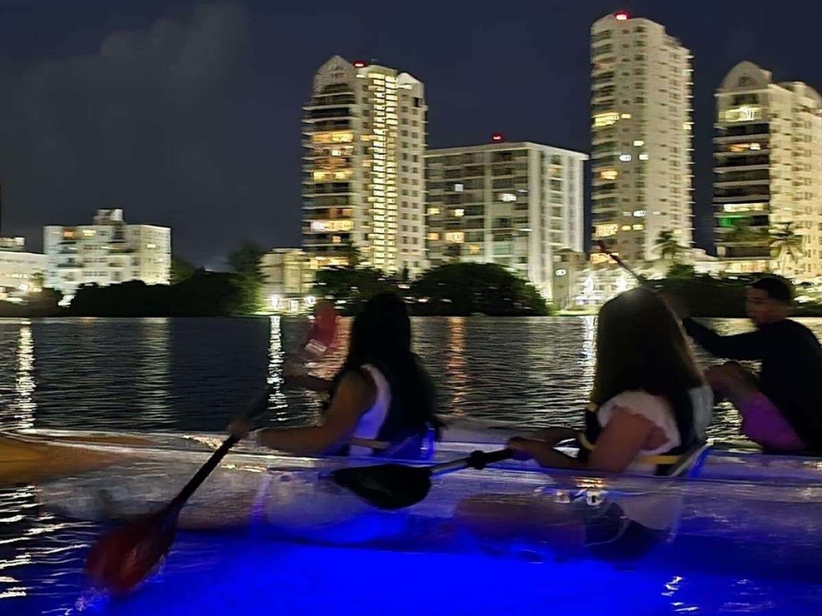 People kayaking on a lit-up water at night, city buildings in background.