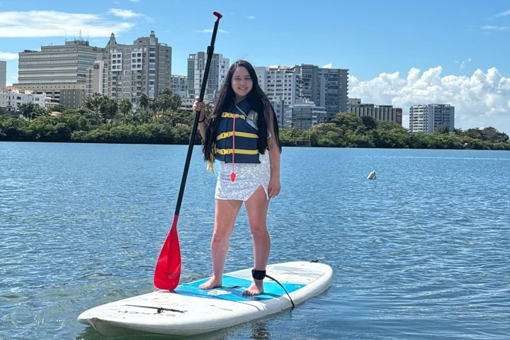 Person paddleboarding on calm water with city skyline in background on a sunny day.