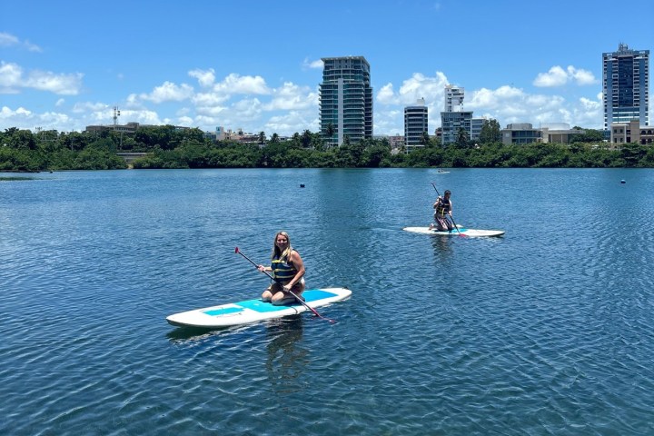 Two people paddleboarding on a calm lake with city buildings and trees in the background under a blue sky.