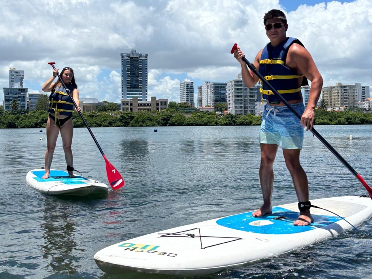 Two people paddleboarding on a calm body of water with city buildings in the background.