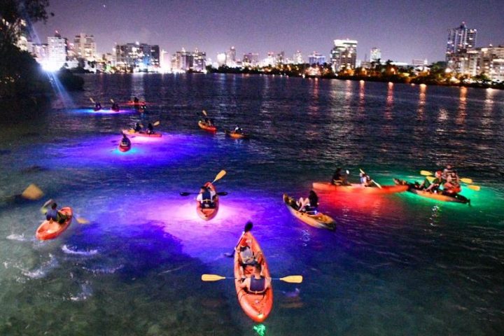 Kayakers on a river at night with colorful lights under their boats and a city skyline in the background.