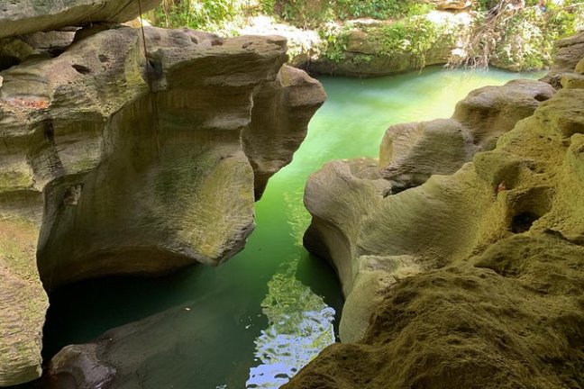 a close up of a rock next to a body of water