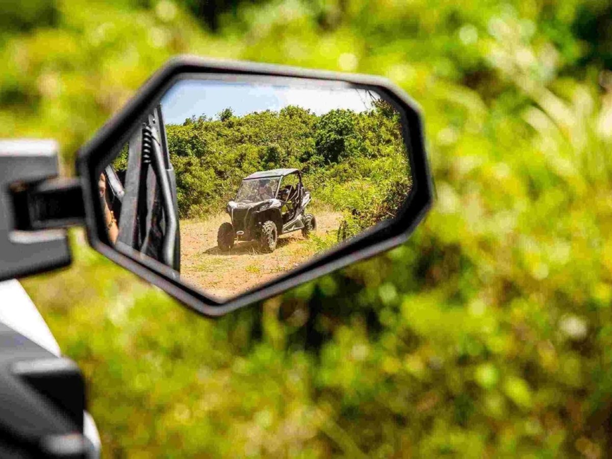 Off-road vehicle reflected in side mirror with green foliage background.