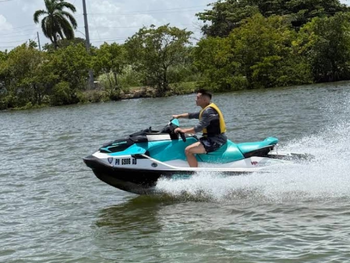 Person riding a jet ski on a lake with trees in the background.