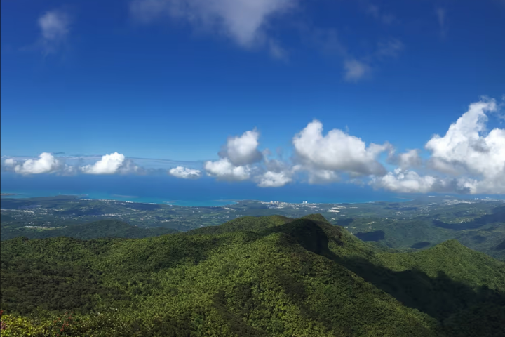 Lush green hills with a distant city and ocean under a blue sky with scattered clouds.