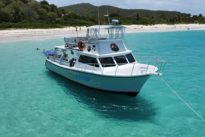 Boat anchored in clear turquoise water near a sandy beach with lush greenery.