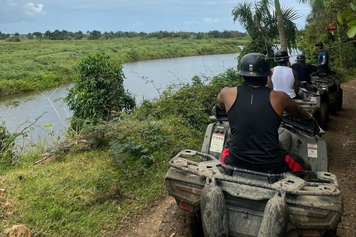 Group riding ATVs along a riverbank trail with lush greenery and palm trees.