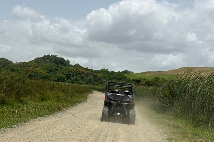 Off-road vehicle driving on a dirt path through lush greenery under a cloudy sky.