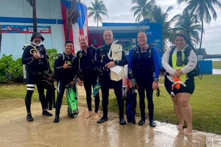 Group of people in scuba gear standing outside near palm trees and a building.