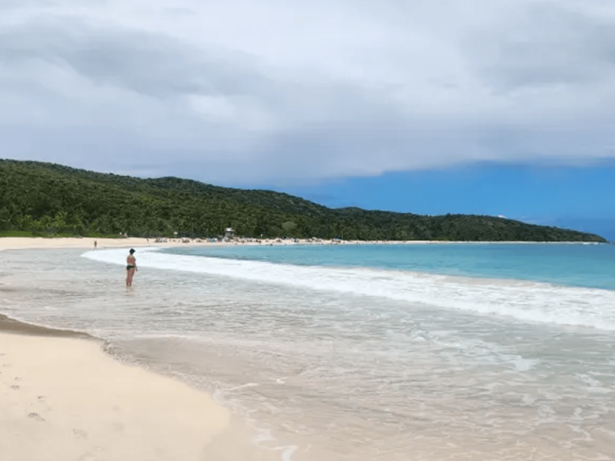 People walking along a sandy beach with gentle waves and a forested hill in background.