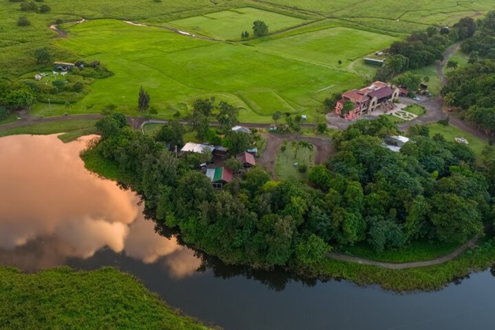 Aerial view of a green landscape with trees, a pond, and buildings.