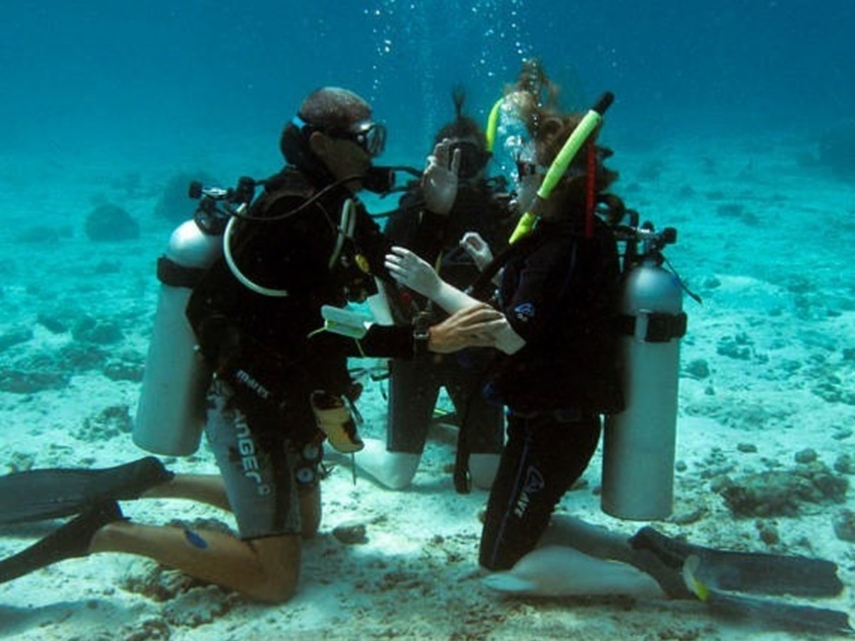 Two divers underwater exchanging rings, wearing scuba gear and kneeling on ocean floor.
