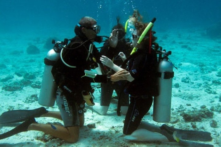 Two divers underwater exchanging rings, wearing scuba gear and kneeling on ocean floor.
