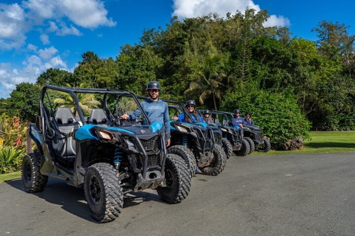 Four people in helmets with blue ATVs lined up on a sunny road next to a lush green forest.
