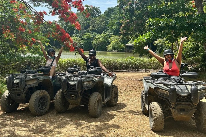 Three people on ATVs with arms raised, under trees with red flowers.
