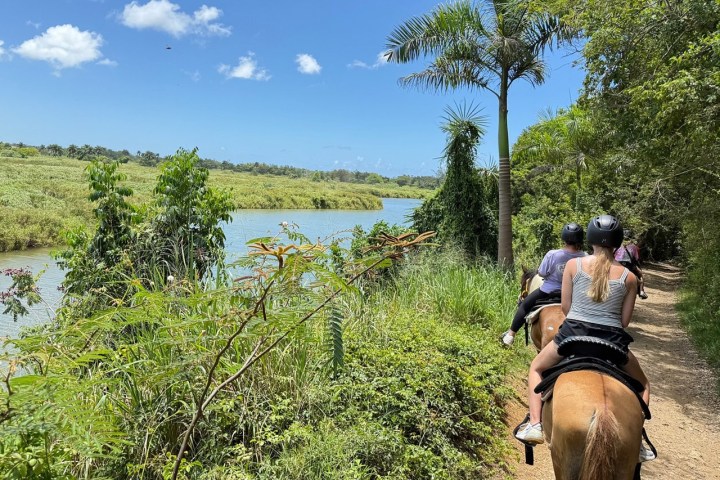 Two people horseback riding on a trail beside a river, surrounded by lush greenery under a clear blue sky.