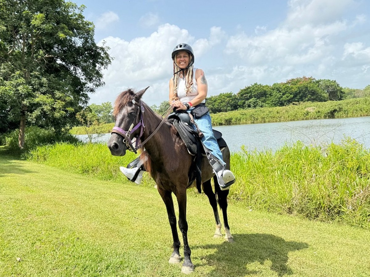 Person in helmet riding a horse near a lake, surrounded by grass and trees under a partly cloudy sky.
