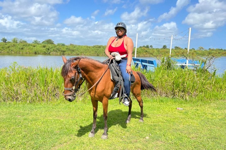 Person in red top riding a brown horse near a lake and grassy area.