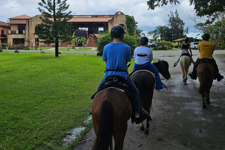 Group of people riding horses towards a large building on a grassy area.