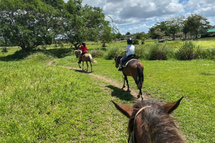 Three people horseback riding on a grassy path under a partly cloudy sky.