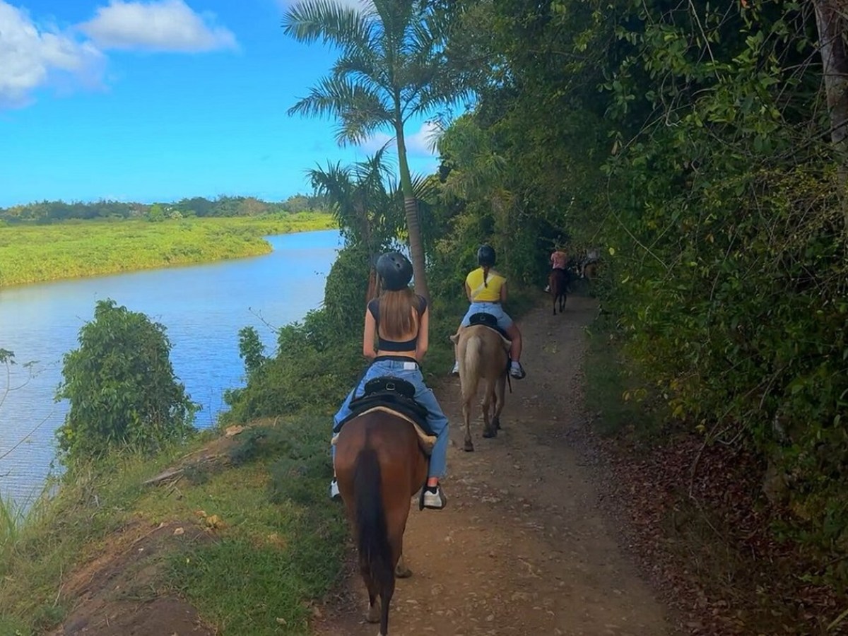 People horseback riding on a trail beside a river with lush greenery and a blue sky.
