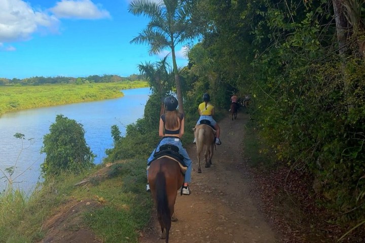 People horseback riding on a trail beside a river with lush greenery and a blue sky.