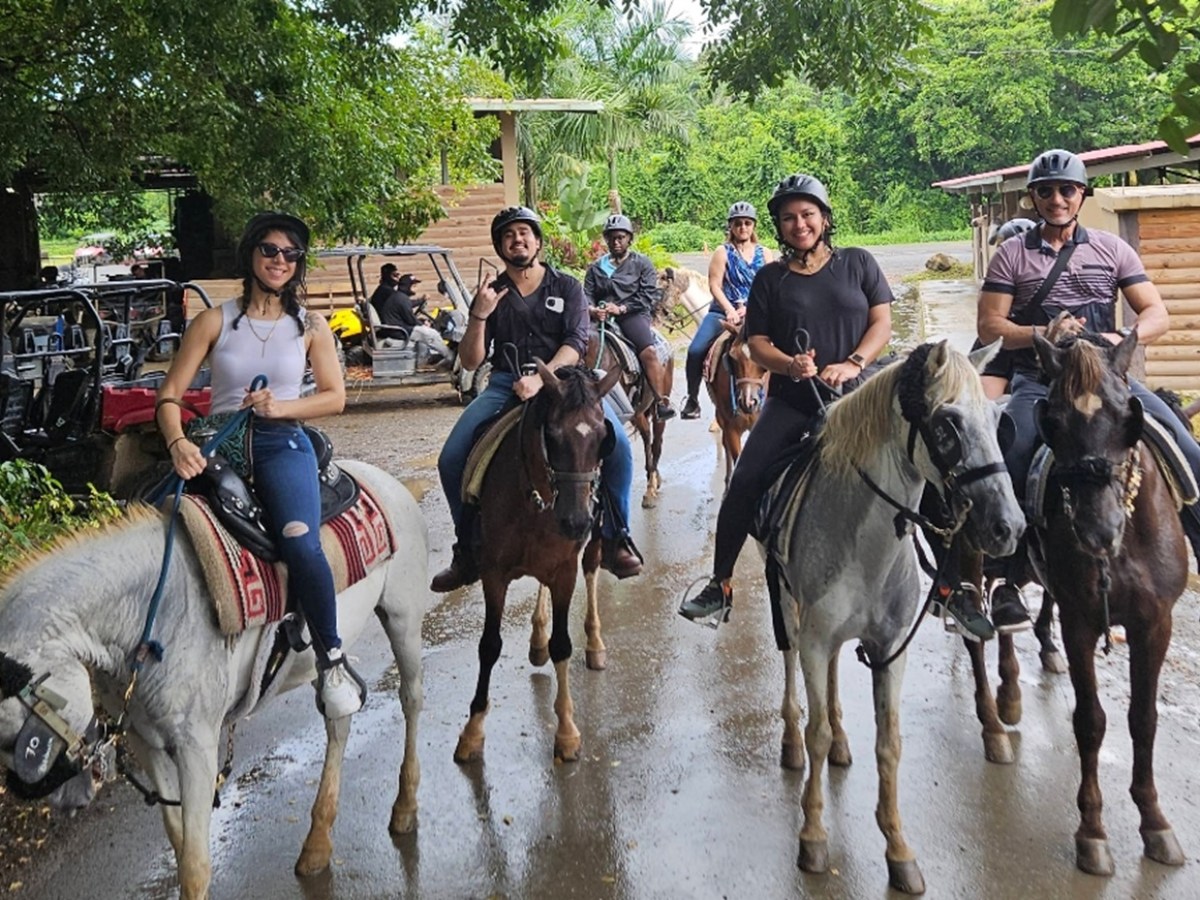 Group of people riding horses on a path surrounded by greenery.