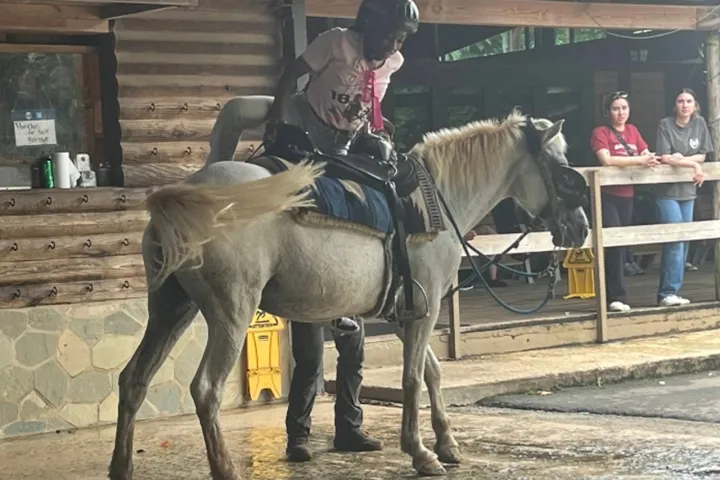 Person in helmet riding a white horse near a wooden building with onlookers in the background.