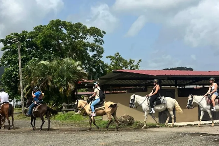 Group of people riding horses near a building on a sunny day.