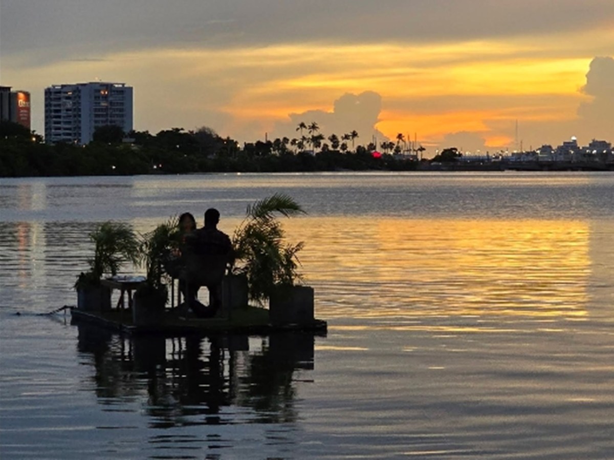 Two people on a raft with plants, silhouetted against a sunset over a calm lake.