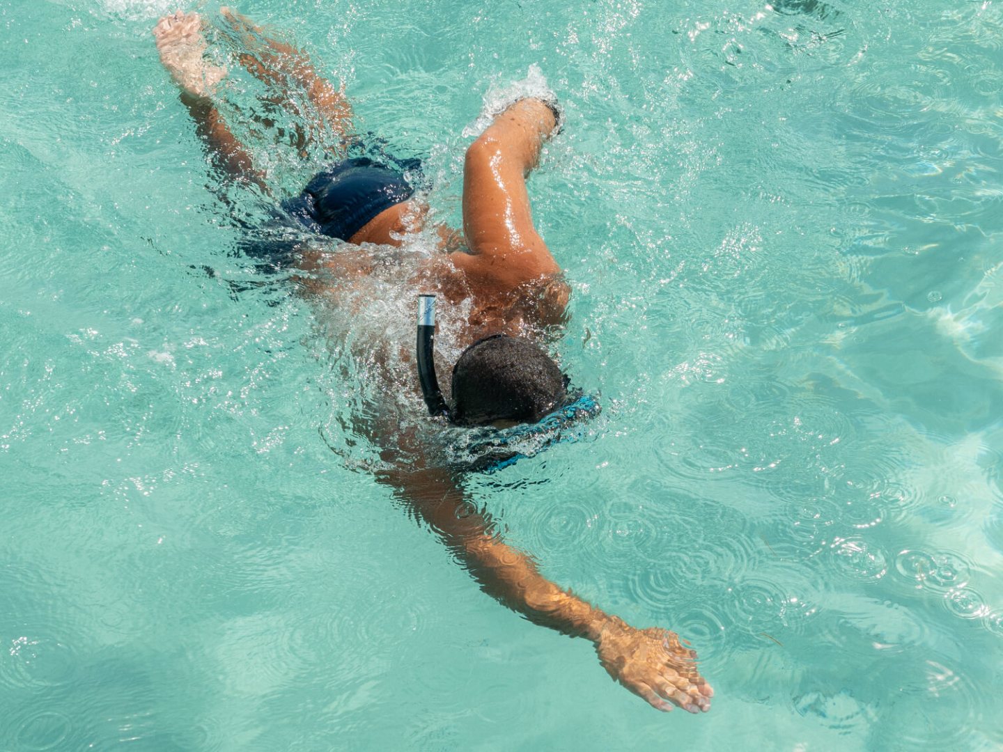 Person swimming freestyle in a pool with blue water.